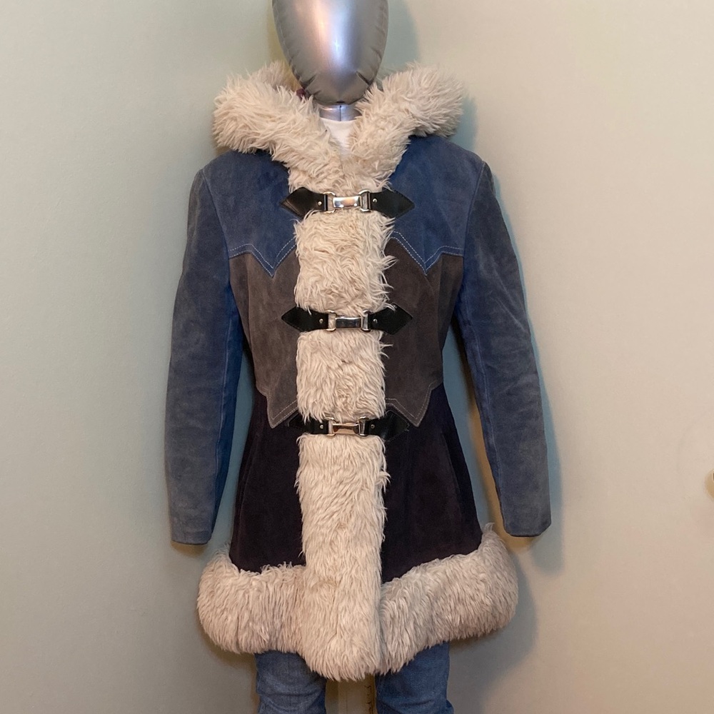 Hooded Suede Long Coat with Faux Shearling Trim